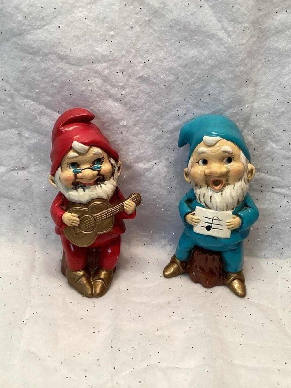 Paper Mache MY Japan Gnome Elf Guitar Set Musical Santas Hand Made Vintage 6”